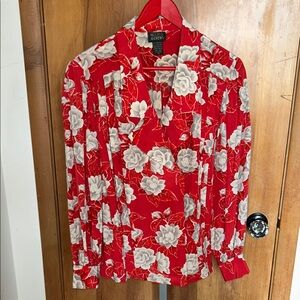 Chic Floral Red & Grey Silk Blouse Made in British Crown Colony- Hong Kong